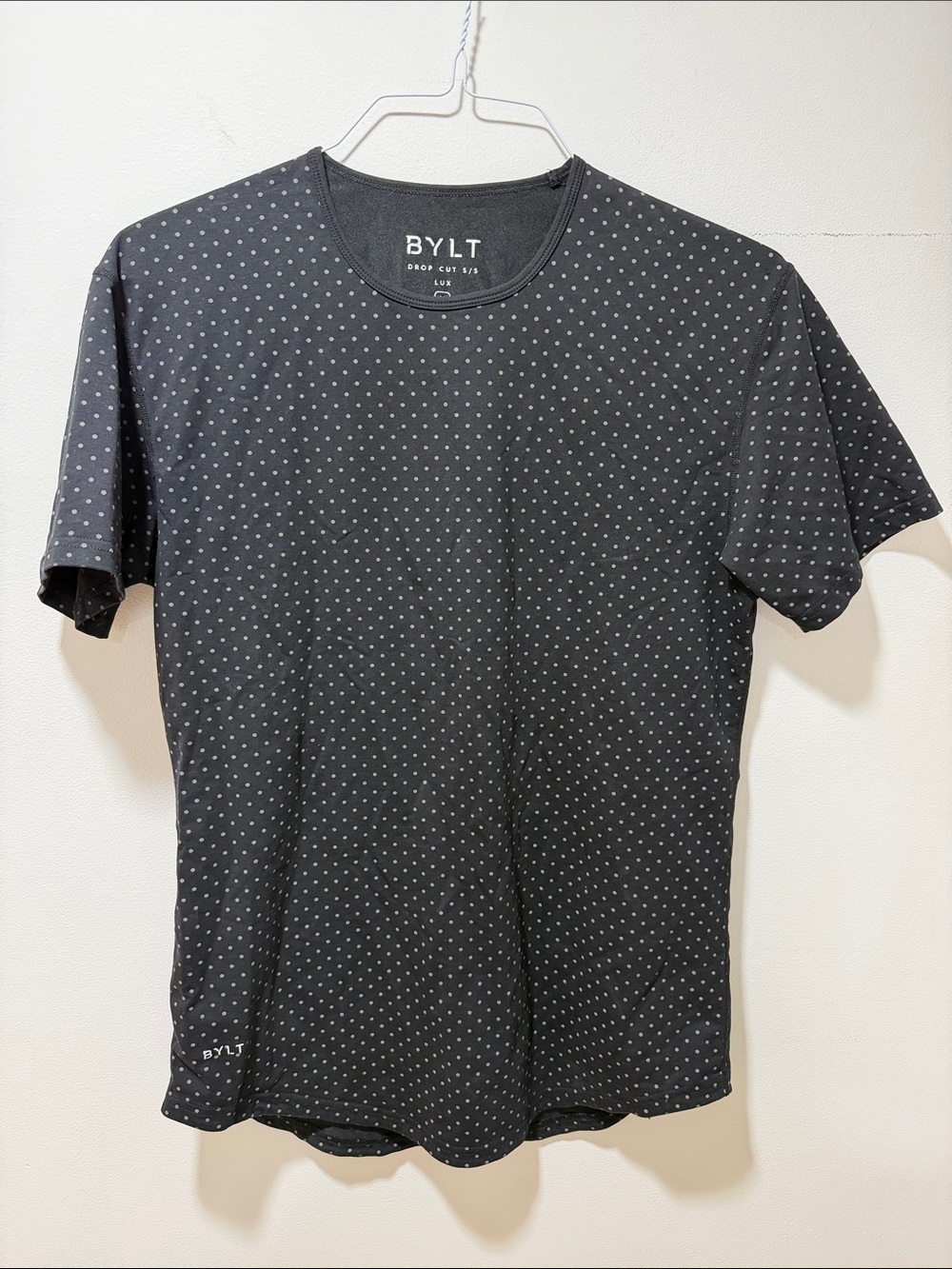 BYLT Drop Cut Short Sleeve Black Polka Dot Medium Womens Workout Top Activewear